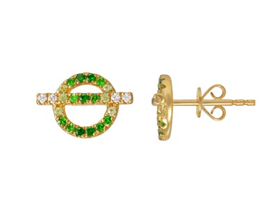 Orecchini Cerchi E Barre 9 X 13 Mm,diamanti 0,08 Ct, Granati Verdi 0, 26 Ct, Zaffiri Verdi 0,12 Ct, Oro G