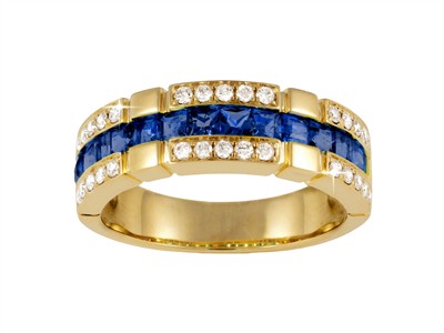 Anello 3 File 7 Mm, Diamanti 0,30 Ct E Zaffiri Princess 1,28 Ct, Oro Giallo 18 Kt, Misura 56
