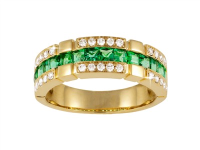 Anello 3 File 7 Mm, Diamanti 0,30 Ct E Smeraldi Princess 1,00 Ct, Oro Giallo 18 Kt, Misura 54
