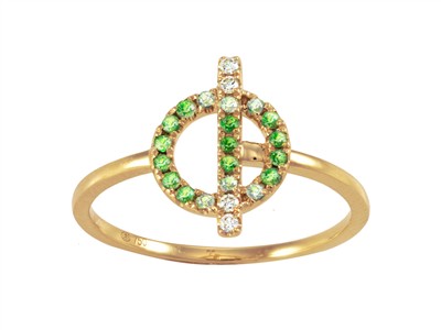 Anello Cerchio E Barretta 9 X 13 Mm, Diamanti 0,04 Ct, Granato Verde 0,15 Ct E Zaffiri Verdi 0,07 Ct, Oro