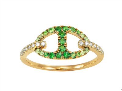 Anello Maglia Marina 9 X 14 Mm, Diamanti 0,12 Ct, Granati Verdi 0,30 Ct E Zaffiri Verdi 0,08 Ct, Oro Gial