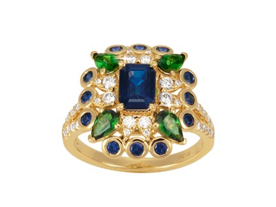 Anello Rio 16 X 18 Mm, Diamanti 0,49 Ct, Zaffiri Blu 1,75 Ct E Granativerdi 0,80 Ct, Oro Giallo 18 Kt, M