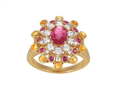 Anello Jaipur 18 X 20 Mm, Diamanti 0,78 Ct, Zaffiri Gialli 0,35 Ct E Rubini Rosa 1,27 Ct, Oro Giallo 18 K