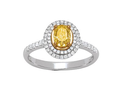 Anello Solitario, Diamante Giallo Ovale 0,77 Ct, Diamanti 0,28 Ct, Orobianco 18 Kt, Dito 54 - Immagine Standard - 1