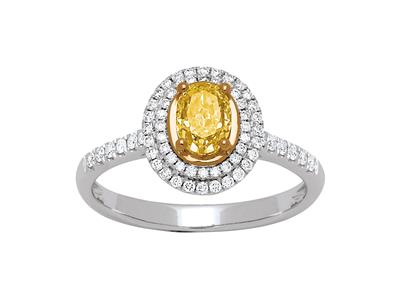 Anello Solitario, Diamante Giallo Ovale 0,77 Carati, Diamanti 0,28 Carati, Oro Bianco 18 Carati, Dito 54 - Immagine Standard - 1