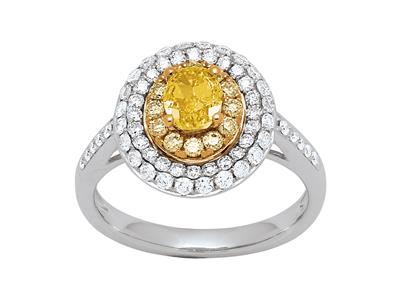 Anello Solitario, Diamante Giallo Ovale 0,63 Carati E Rotondo 0,20 Carati, Diamante Bianco 0,57 Carati, Oro Bianco 18 Carati, Dito 52 - Immagine Standard - 1