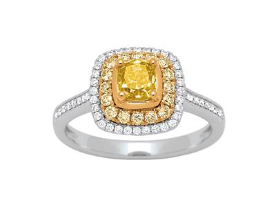 Anello Solitario, Diamanti Gialli Princess 0,71 Carati E Tondi 0,22 Carati, Diamanti 0,16 Carati, Oro Bianco 18 Ct, Dito 52