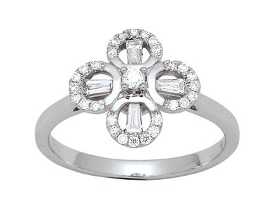Anello A Forma Di Fiore, Diamanti Tondi E Baguette Da 0,36 Ct, Oro Bianco 18 Kt, Misura Del Dito 56 - Immagine Standard - 1