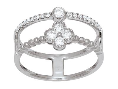 Anello A 2 File Con Fiore E Solitario, Diamanti Da 0,32 Ct, Oro Bianco18k, Dito 56 - Immagine Standard - 1