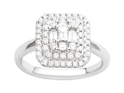 Anello Quadrato, Diamanti Tondi E Baguette 0,53 Carati, Oro Bianco 18 Ct, Dito 50