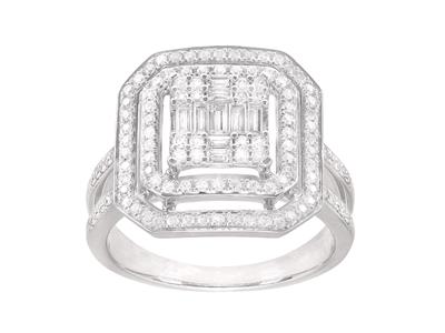 Anello Quadrato Con Fascia Incastonata, Diamanti Baguette 0,70 Ct, Orobianco 18k, Dito 52 - Immagine Standard - 1