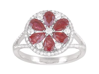 Anello A Forma Di Fiore, Diamanti 0,39 Ct E Rubini 1,40 Ct, Oro Grigio18 Ct, Dito 50