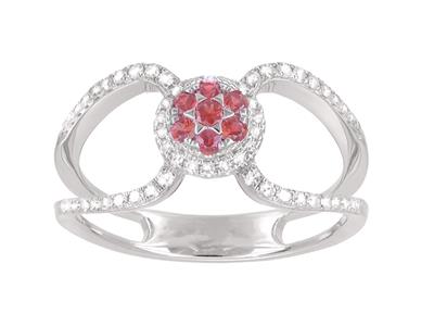 Anello Doppio Corpo Incastonato Condiamanti Da 0,22 Ct, Rubino Centra Le Da 0,17 Ct, Oro Bianco 18 Ct, Di