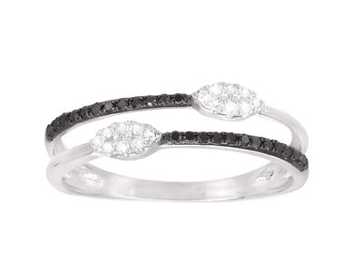 Anello A Doppia Fila, 2 Dischi Di Diamanti Bianchi 0,07 Ct E Diamanti Neri 0,12 Ct, Oro Grigio 18 Ct, Dit