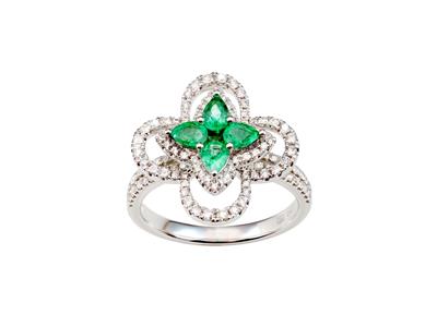 Anello A Forma Di Fiore Con Petalo Traforato, Diamanti Da 0,60 Ct E Smeraldi Da 0,65 Ct, Oro Bianco 18k, 54