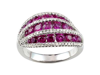 Anello A Tre File, Diamanti 0,34 Cte Rubini 1,89 Ct, Oro Bianco 18 Ct , Dito 58