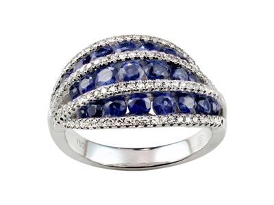 Anello A Tre File, Diamanti 0,34 Cte Zaffiri 1,98 Ct, Oro Bianco 18 C T, Dito 54
