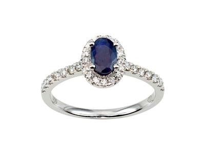 Anello Solitario Zaffiro Blu Ovale 0 57ct Con Diamanti 0 28ct Oro Bianco 18kt Dito 56
