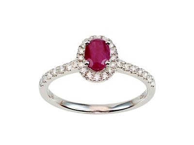 Anello Solitario, Rubino Ovale 0,52ct, Entourage Di Diamanti 0,28 Ct, Oro Bianco 18 Ct, Dito 56