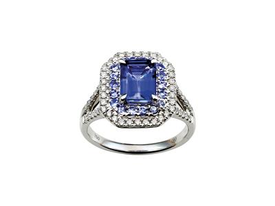 Anello A Forma Di Forchetta Con Diamanti Da 0,35 Carati E Tanzanite Blu Taglio Smeraldo Da 1,90 Carati, Oro Bianco 18kt, Dito 52