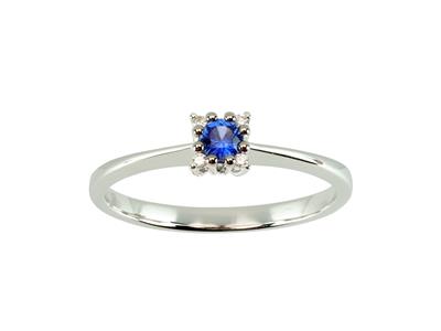 Anello Solitario, Zaffiro Rotondo 0,14 Ct, Diamanti Di Contorno 0,02 Ct, Oro Bianco 18 Ct, Dito 54