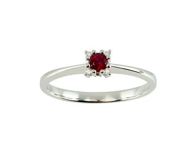 Anello Solitario, Rubino Rotondo 0,14 Ct, Contorno Di Diamanti 0,02 Ct, Oro Bianco 18 Ct, Dito 54