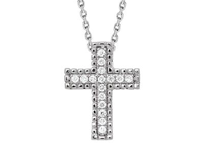 Ciondolo A Croce Con Filo Perlato Esterno, Catena Passante, Diamanti 0,08 Ct, Oro Bianco 18 Kt