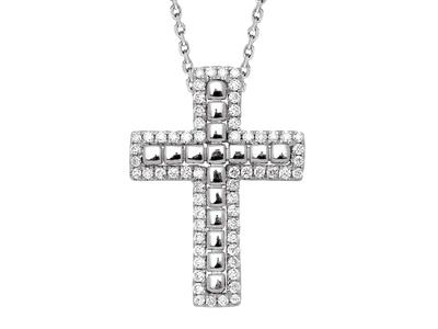 Ciondolo A Croce Con Filo Perlato Esterno, Catena Passante, Diamanti 0,22 Ct, Oro Bianco 18k