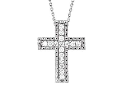 Ciondolo A Croce Con Filo Perlato Esterno, Catena Passante, Diamanti 0,23 Ct, Oro Bianco 18k