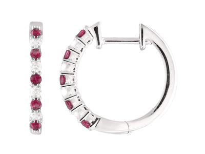 Orecchini A Cerchio Con Diamanti Da0,11 Ct E Rubini Da 0,18 Ct, Diame Tro Interno 11 Mm, Oro Bianco 18k