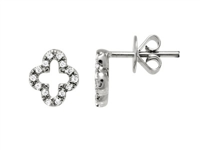 Orecchini Trifoglio Traforato 7 X 8mm, Diamanti 0,08 Ct, Oro Bianco 1 8 Kt - Immagine Standard - 1