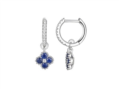 Orecchini A Cerchio 9 Mm, Pendente Fiore 7 Mm, Zaffiri 0,83 Ct E Diamanti 0,13 Ct, Altezza 22 Mm, Oro Bia