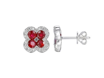 Orecchini Fiore 10 Mm, Rubini 1,15 Ct E Diamanti 0,22 Ct, Oro Bianco 18 Kt