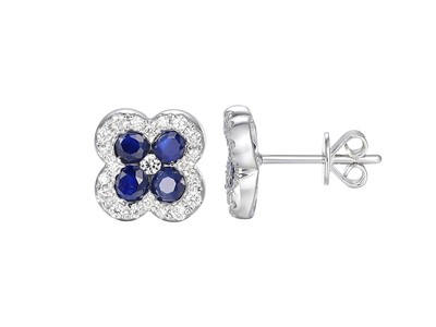 Orecchini Fiore 10 Mm, Zaffiri 1,25ct E Diamanti 0,22 Ct, Oro Bianco 18 Kt