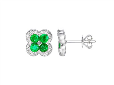 Orecchini Fiore 10 Mm, Smeraldi 0,73 Ct E Diamanti 0,22 Ct, Oro Bianco18 Kt