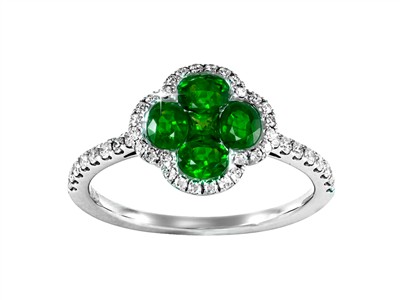 Anello Fiore 4 Petali 11 Mm, Diamanti 0,26 Ct E Smeraldi 0,79 Ct, Oro Bianco 18 Kt, Misura 56