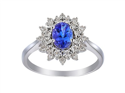Anello Riviera 12 X 14 Mm, Tanzanite Ovale 0,96 Ct E Diamanti 0,09 Ct,oro Bianco 18 Kt, Misura 52