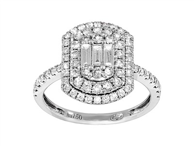 Anello Tr{sor 14 X 11 Mm, Diamanti Rotondi E Baguette 0,89 Ct, Oro Bianco 18 Kt, Misura 56 - Immagine Standard - 1