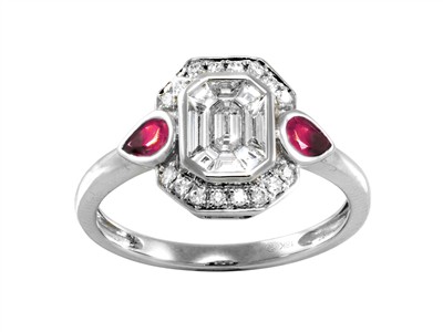 Anello Cocktail 9 X 11 Mm, Diamantirotondi E Baguette 0,44 Ct, Rubini Taglio Pera 0,36 Ct, Oro Bianco 18