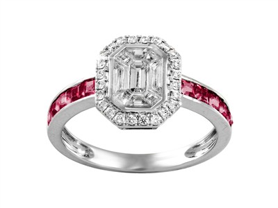 Anello Harmonie 9 X 11 Mm, Diamantirotondi E Baguette 0,49 Ct, Rubini Taglio Princess 0,82 Ct, Oro Bianc