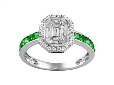 Anello Harmonie 9 X 11 Mm, Diamantirotondi E Baguette 0,47 Ct, Smeral Do Taglio Princess 0,53 Ct, Oro Bia