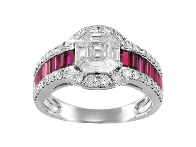 Anello Empire 11 Mm, Diamanti Rotondi E Baguette 0,97 Ct, Rubini Baguette 1,04 Ct, Oro Bianco 18 Kt, Misu