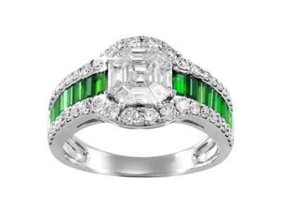 Anello Empire 11 Mm, Diamanti Rotondi E Baguette 0,97 Ct, Smeraldi Baguette 0,74 Ct, Oro Bianco 18 Kt, Mi