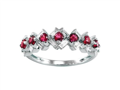 Anello Mosaïque 6 Mm, Diamanti Baguette 0,41 Ct E Rubini Rotondi 0,46 Ct, Oro Bianco 18 Kt, Misura 56