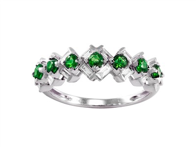 Anello Mosaïque 6 Mm, Diamanti Baguette 0,41 Ct E Smeraldi Rotondi 0,39 Ct, Oro Bianco 18 Kt, Misura 56