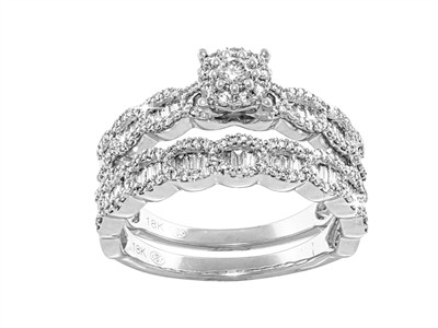 Anello Solitario E Fedina 4 Mm, Diamanti Rotondi E Baguette 0,83 Ct, Oro Bianco 18 Kt, Misura 56 - Immagine Standard - 1