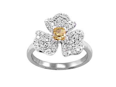 Anello Trillium 15 Mm, Diamanti 0,46 Ct E Diamante Giallo Taglio Cuscino 0,38 Ct, Oro Bianco 18 Kt, Misur - Immagine Standard - 1