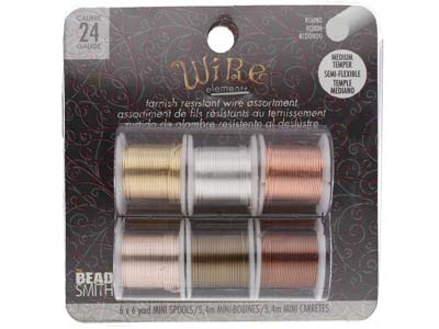 Wire Elements, 24 Gauge, Pk 6 Assorted Colours, Tarnish Resistant, Med Temper, 6yd5.49m