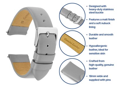 Cinturino Per Orologio, 18 Mm, Vera Pelle Di Vitello, Grigio - Immagine Standard - 4