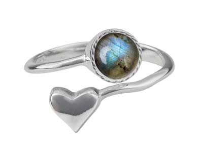 Anello Regolabile Con Motivo Cuore,castone Chiuso Da 6 Mm, Argento 92 5 - Immagine Standard - 2